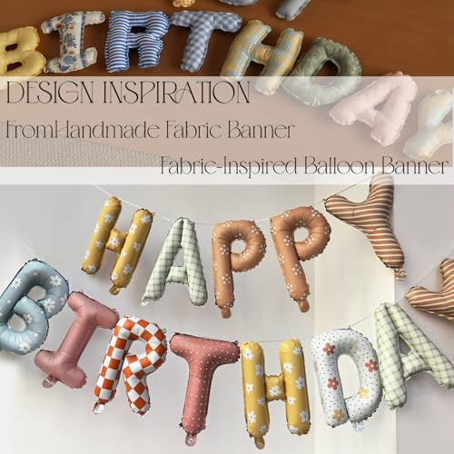 Neutral Vintage Happy Birthday Balloons Banner - Fabric Texture Inspired Mylar Foil Signs, Retro Plaid & Floral Designs, Boho Party Decorations for Kids & Adults Birthday, Old Money Aesthetic - Image 4