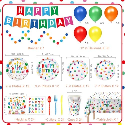 Happy Birthday Decorations - Colorful Dots Birthday Party Supplies Includes Plates, Napkins, Cups, Cutlery, Banner, Hanging Swirl, Tablecloth, Balloons for Birthday Decorations, Serves 24 - Image 2