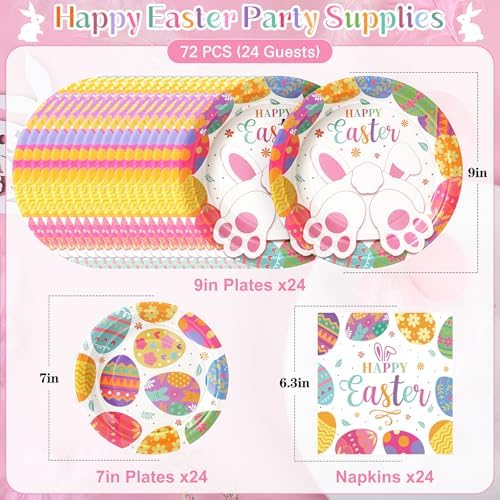Happy Easter Plates and Napkins, 72PCS Colorful Easter Party Supplies, Bunny and Eggs Disposable Paper Plates, Spring Party Supplies, Rabbits Easter Party Decorations Serves 24 - Image 2