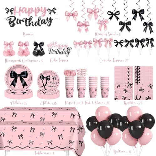 213pcs Pink and Black Bow Birthday Decorations, Serves 25 - Image 2