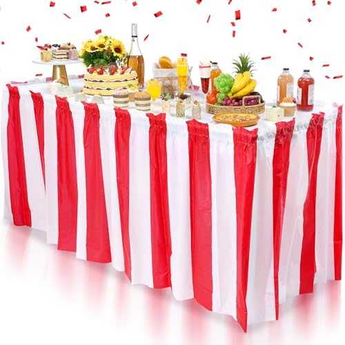 1 Pack Carnival Table Skirt Party Decorations, Red and White Striped Table Skirts, Disposable Table Decorations for Concession Stand Carnival Circus Themed Party Supplies Decorations, 2.4 x 14 Ft by Zachely