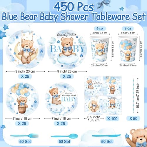450 Pcs Bear Baby Shower Tableware Set, Serve 50, Blue - Image 2