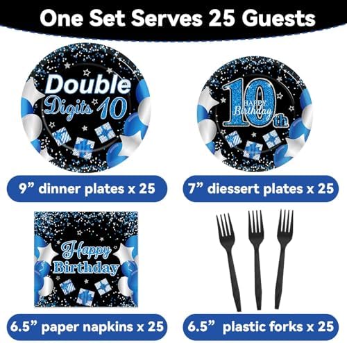 Qyeahkj 100 Pcs 10th Birthday Decorations for Boys Official Teen 10th Supplies Plate Napkin Forks Set Disposable Blue 10th Birthday Tableware Paper Plates Dinnerware for Kids Teenager Favors Serve 25 - Image 2