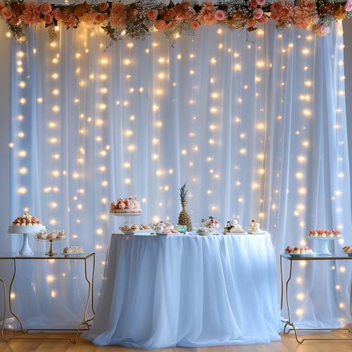 10x10ft Baby Blue Tulle Backdrop Curtain with Lights String for Parites, Sheer Photo Backdrop Curtain Drapes for Wedding Baby Shower Bridal Shower Birthday Party Photo Shoot Decorations - Image 7