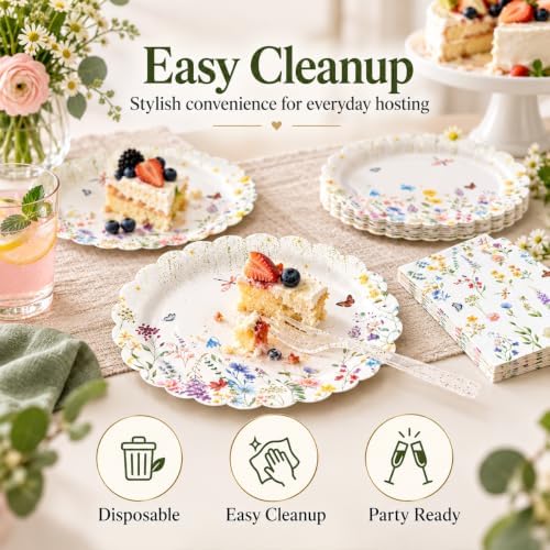 48PCS Fall Wildflower Scalloped Paper Plates&Napkins Floral Party Supplies - Image 7