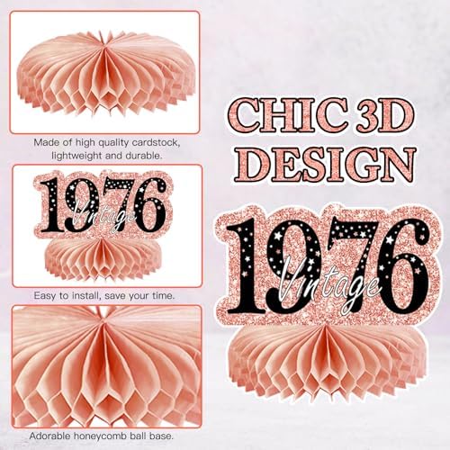 9Pcs 50th Birthday Decorations Honeycomb Centerpieces for Women, Rose Gold Pink Happy 50th Birthday Centerpieces Tables Toppers Party Decorations Supplies, Vintage 1976 Aged Table Sign Decor - Image 3
