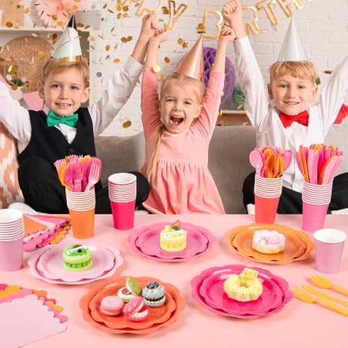 350 Pcs Pink and Orange Party Plates and Napkins - Hot Pink Orange Party Decoration Tableware set Include Sunset Tropical Scalloped Plate Napkin Cup & Cutlery for Baby Shower, Wedding, Birthday - Image 6