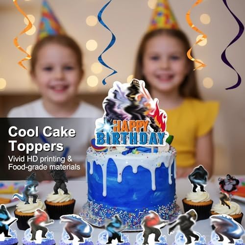 Monsters Theme Birthday Decorations, Birthday Party Decorations with Backdrop Banner, HAPPY BIRTHDAY Banner, Hanging Swirl Streamers, Latex Balloons and Cake Toppers - Image 4