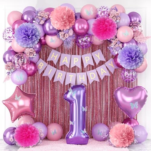 Pink Purple 1st Birthday Party Decoration for Girls Number 1 Princess Decor by KAINSY