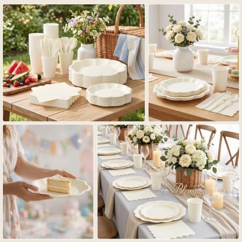 350 Pcs Ivory Scalloped Disposable Plates Tableware Set for 50 Guests - Image 3
