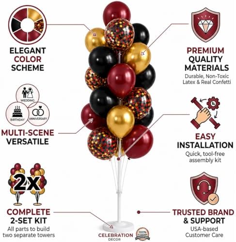 Hiins Balloon Column Kit Set of 2, Burgundy Black Gold Birthday Party Decor - Image 3