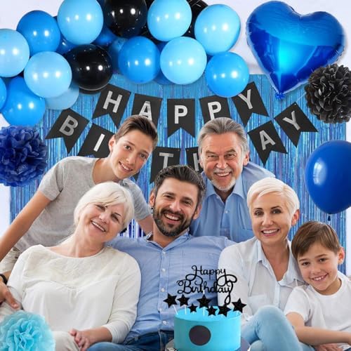 Blue and Black Happy Birthday Party Decorations kit for Boys Men Women with Happy Birthday Banner, Fringe Curtain,Foil Balloons,Cake Topper for birthday decor (blue black) - Image 4