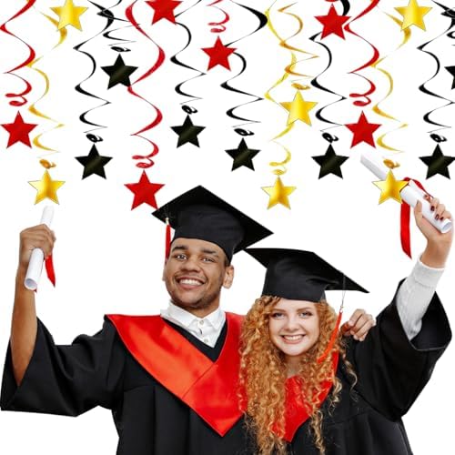 Red Black Gold Star Hanging Swirl Decorations - 30 Pcs Metallic Ceiling Swirls with Foil Stars, Plastic Streamers for Graduation, Casino Las Vegas Night, Movie Theme, Mouse Birthday Party Supplies - Image 2