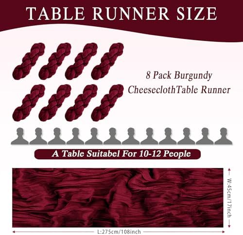 8 Pack Burgundy Cheesecloth Table Runner 17x108 inch Boho Gauze Cheese Cloth Table Runners for Wedding Party Baby Bridal Shower Home Decor - Image 2