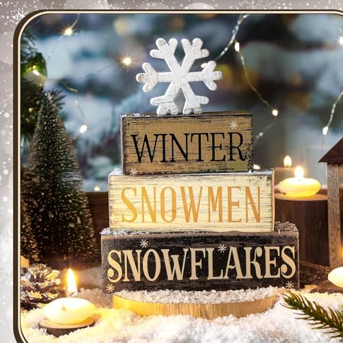 Moucuny 4 Pcs Wooden Block Signs Winter Tiered Tray Decor Farmhouse - Image 2