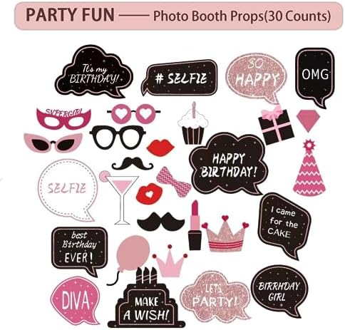 UJoyant Birthday Decorations For Women, 229 Pcs Rose Gold and Black Happy Birthday Supplies - Disposable Dinnerware Set with 25 Guest, Balloons, Sash, Tiara, Banner, Fringe Curtain, Photo Booth Props - Image 6