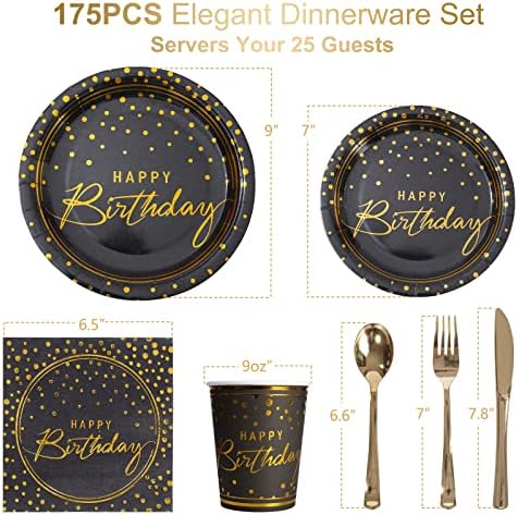 175PCS Happy Birthday Disposable Dinnerware Set Party Supplies, Paper Black Gold Plates and Napkins with Gold Plastic Forks Knives Spoons Serve 25 Guests for Birthday Party Decoration - Image 2