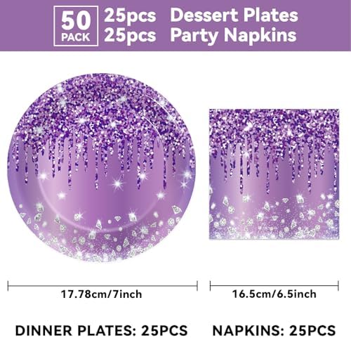 50 Pcs Purple Birthday Plates and Napkins Purple and Silver Happy Birthday Party Supplies for 25 Guests Table Decorations for Women Girl Birthday Decorations Paper Plates Napkins - Image 2