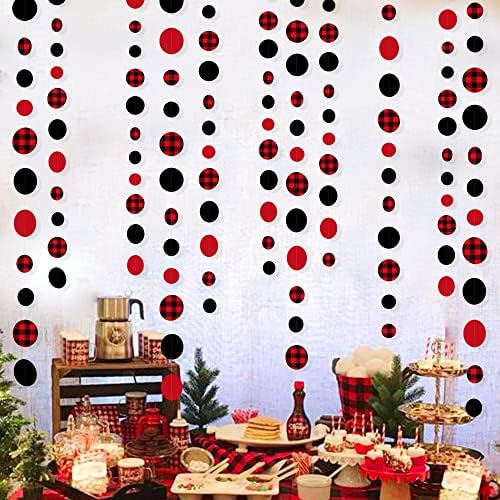 46Ft Buffalo Plaid Polka Dot Garlands Black Red Checkered Paper Circle Dot Streamer Banner for Birthday Bridal Shower Bachelorette Christmas Holiday Halloween Party Decorations Supplies - Image 3