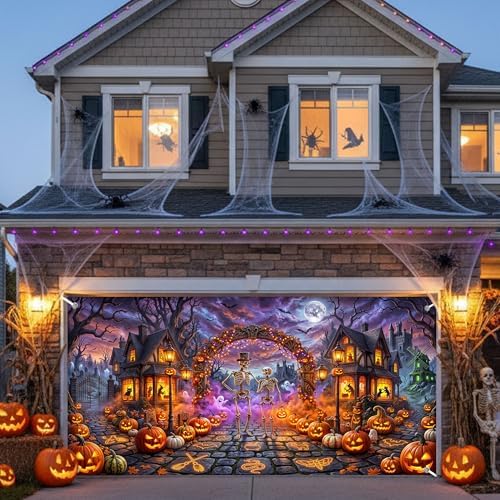 Halloween Garage Door Cover 13x6ft Skeleton Pumpkin Haunted House Decor - Image 5
