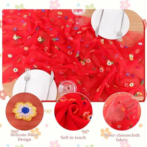 BINBE 12pcs Daisy Spring Table Runner Embroidery Gauze 10FT Florals Seasonal Tulle Holiday Birthday Kitchen Dining Table Decor for Home Party Red - Image 6