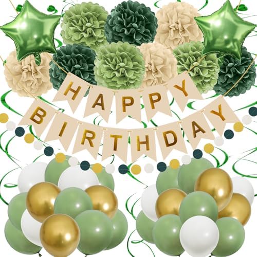 Retro Green Birthday Party Decorations for Women Girls, Happy Birthday Banner with Tissue Paper Pompoms, Paper Tassel, Circle Garland, Hanging Swirl, Party Balloons for Party Decorations by Recosis
