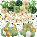 Retro Green Birthday Party Decorations for Women Girls, Happy Birthday Banner with Tissue Paper Pompoms, Paper Tassel, Circle Garland, Hanging Swirl, Party Balloons for Party Decorations by Recosis