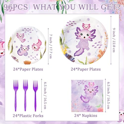 96Pcs Purple Axolotl Cute Cartoon Animals Party Plates Supplies Tableware Decorations Disposable Paper Plates Napkins Forks for Kids Birthday Baby Shower, Serves 24 - Image 2