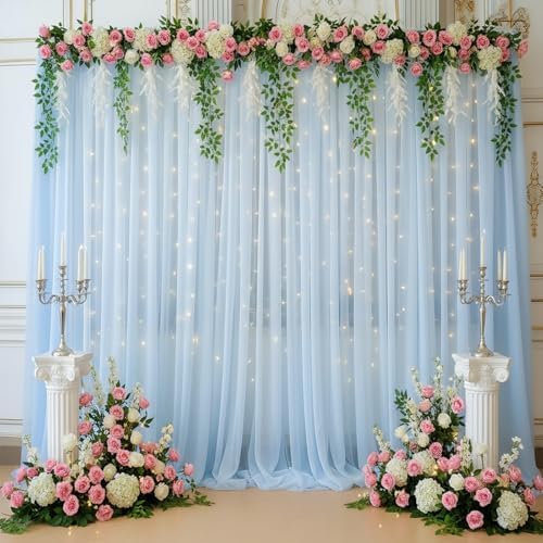Gallety Baby Blue Tulle Backdrop Curtain with String Lights, 10x8ft Sheer Blue Backdrop Curtain for Photography, Wedding, Boy Gender Reveal, Baby Shower, Birthday, Baptism, Easter Decorations by Creativepartyuniquedecorat