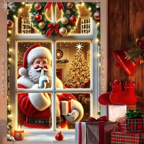 BlissYard Santa Claus Tree Christmas Window Banner 31x47 Cloth - Image 2