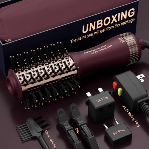 Travel Dual Voltage Hair Dryer Brush 4-in-1 Portable Mini Hot Air Blow Dryer Straightener & Curler Brush, Automático Doble Voltaje Cepillo Secador De Cabello 110~240V US/EU/UK -Blackcurrant Rose Gold - Image 3