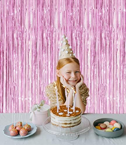 2 Pcs 3.2ft x 8.2ft Shiny Pink Metallic Tinsel Foil Fringe Curtains Photo Booth Pink Backdrop for Birthday Wedding Bridal Shower Baby Shower Bachelorette Party Decorations - Image 7