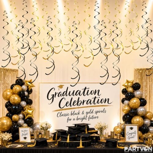 32 PCS Gold Black Hanging Swirl Decorations, Sparkle Ceiling Swirls with Plastic Streamers for Graduation, Casino Night, Black Tie, New Year, Milestone Birthday, Retirement Party - Image 4