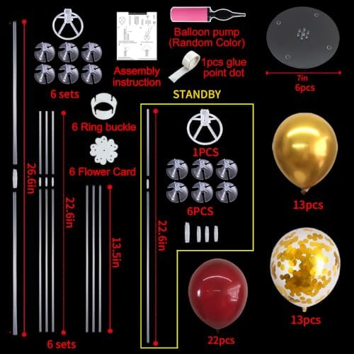 TONIFUL 6 Set Wine Red Gold Balloon Stand Balloon Centerpieces for Table - Image 2