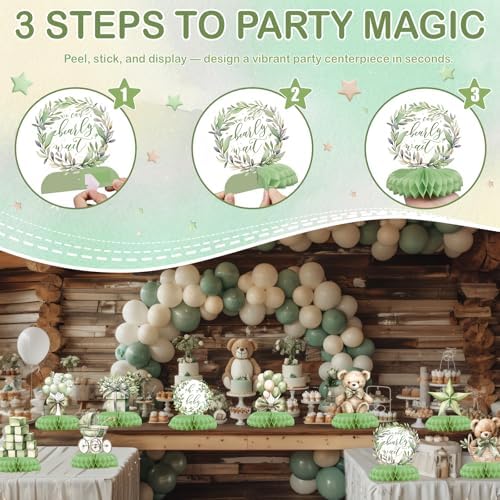 12 Pcs Sage Green Teddy Bear Baby Shower Decorations - We Can Bearly Wait Baby Shower Decorations - Neutral Bear Balloon Centerpieces for Tables - Sage Green Honeycomb Table Decor for Baby Shower - Image 3