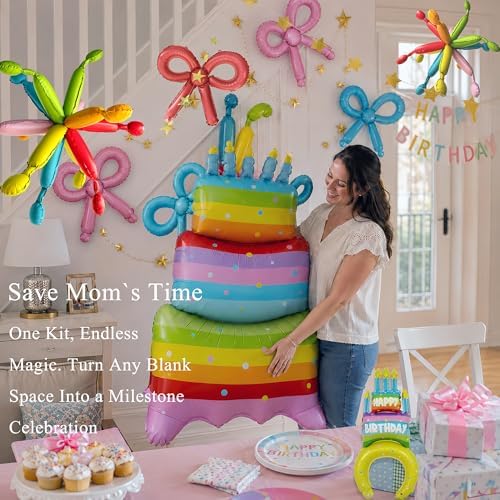 Rainbow Birthday Decoration Set 10Pcs - Giant 47" Inflated Standing Cake Foil Balloon No Helium Required, Hanging Ceiling Firework & DIY Bow Balloons, Star Banner, Hat Headband for Kids Party - Image 6