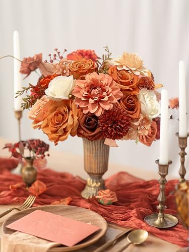 FACINOC Orange Roses Artificial Flowers Fall Fake Flower Bulk for DIY Wedding Bouquet Bridal Baby Shower Centerpiece Table Decorations Faux Floral Arrangements for Party Home Decor Cake Decorating - Image 3