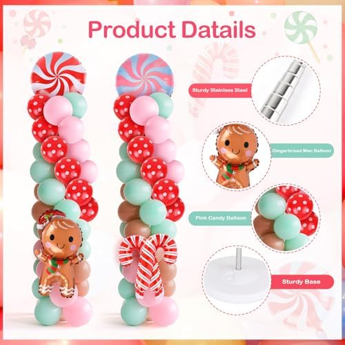 2 Sets Christmas Gingerbread Balloon Stand for Floor Adjustable Red Whilt Balloons Column Kit Set of 2 with Candy Crutch Balloons Tower Stand for Birthday Baby Shower Party Supplies - Image 3