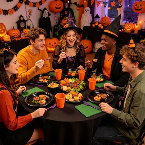 200pcs Black Orange Purple Plastic Plates Party Supplies, Disposable 9’’Dinner Plates and Napkins, Cups & Cutlery Plastic Dinnerware Set for Halloween, Birthday, Themed Party, Serves 50 Guests - Image 6