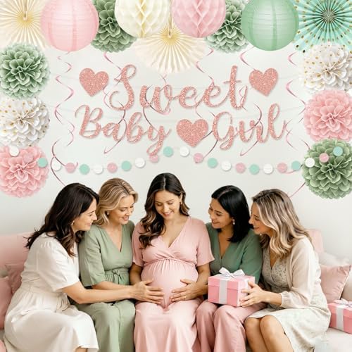 Sage Green and Pink Baby Shower Decorations with Banner Fringe Curtains - Image 6