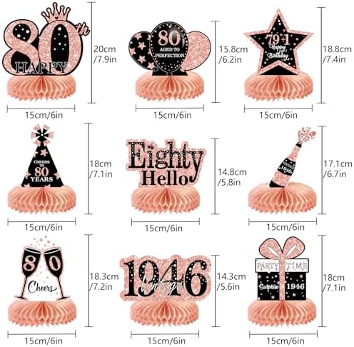 9Pcs 80th Birthday Decorations Honeycomb Centerpieces for Women, Rose Gold Happy 80th Birthday Centerpieces Tables Toppers Party Decorations Supplies, Vintage 1946 Aged Table Sign Decor - Image 2