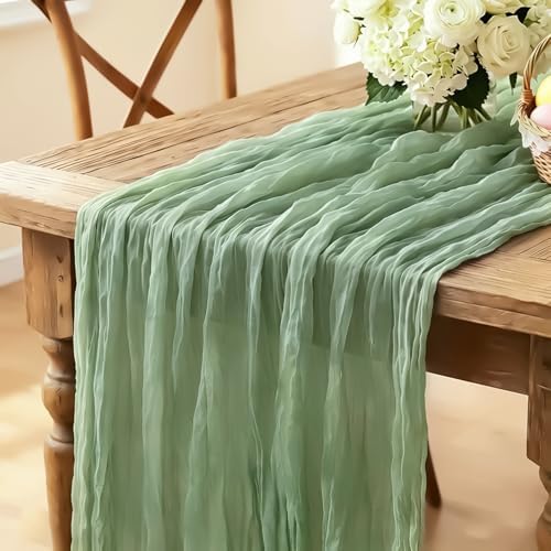 Sage Green Cheesecloth Table Runner, 10FT Rustic Green Boho Gauze Table Runner 120inch for Spring Easter Woodland Safari Baby Shower Bridal Shower Wedding Tea Party Birthday Decorations by Miucat