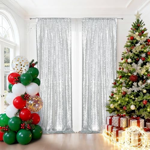 PartyDelight Silver Sequin Backdrop Curtains 2x8ft 2 Panels - Image 4