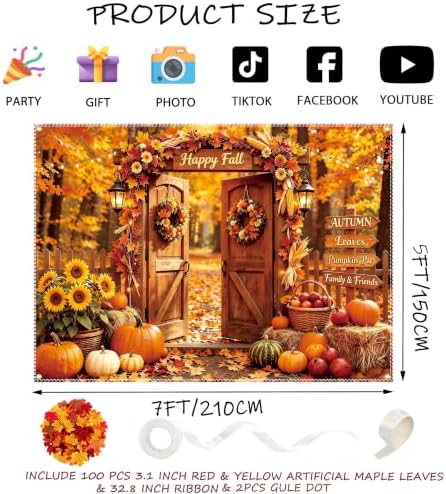 Fall Backdrop 7×5ft, with 100 Pcs Red & Yellow Artificial Maple Leaves - Image 2