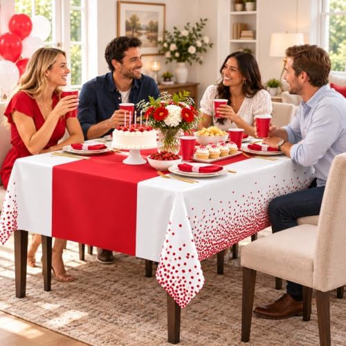 MASHAN 6Pcs White and Red Tablecloth Party Decorations,Plastic Black Table Cloth Printed Red Table Runner Disposable Rectangle Cover for Birthday Weeding Anniversary Graduation Party,54 x108 Inch - Image 7
