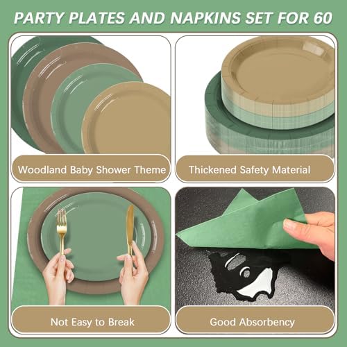 180Pcs Green and Brown Party Supplies Paper Plates and Napkins Serve 60 - Image 3