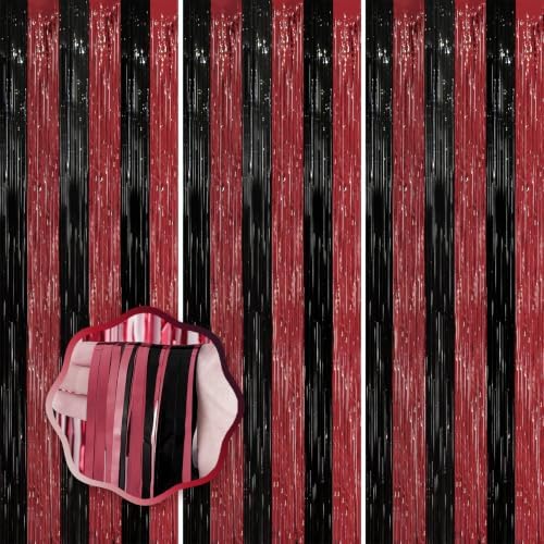 Voircoloria Red and Black Foil Fringe Backdrop Curtains, 3.3x8.2ft, 3 Pack by Voircoloria