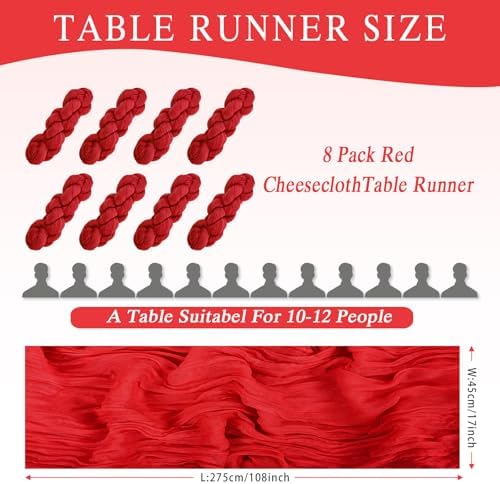 8 Pack Red Cheesecloth Table Runner 17x108 inch Boho Gauze Cheese Cloth Table Runners for Wedding Party Baby Bridal Shower Home Decor - Image 3