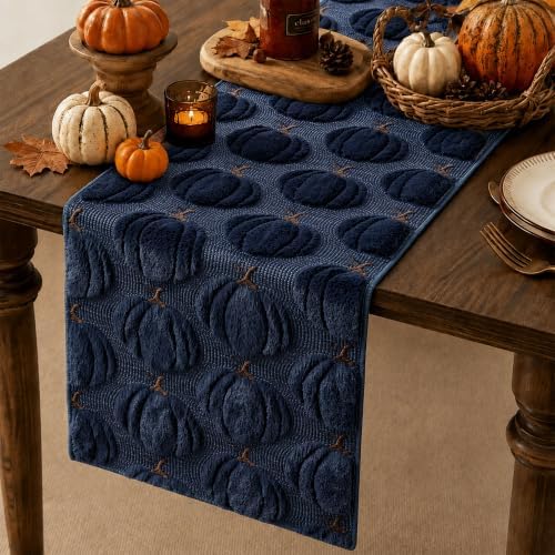 Fall Table Runner 13x120 Inch Soft Plush Faux Fur Jacquard Navy Blue Pumpkin Table Runner, Seasonal Autumn Kitchen Dining Table Decoration for Home Party Decor ZR010D120 - Image 2
