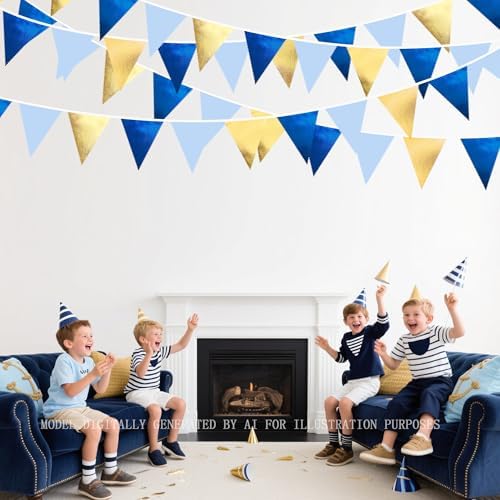 Gold Blue Party Decoration Gradient Blue and Gold Triangle Pennant Banner Flag Metallic Fabric Bunting Garland for Nautical Ahoy Achor Birthday Graduation Retirement Wedding Baby Shower Party Supplies - Image 6